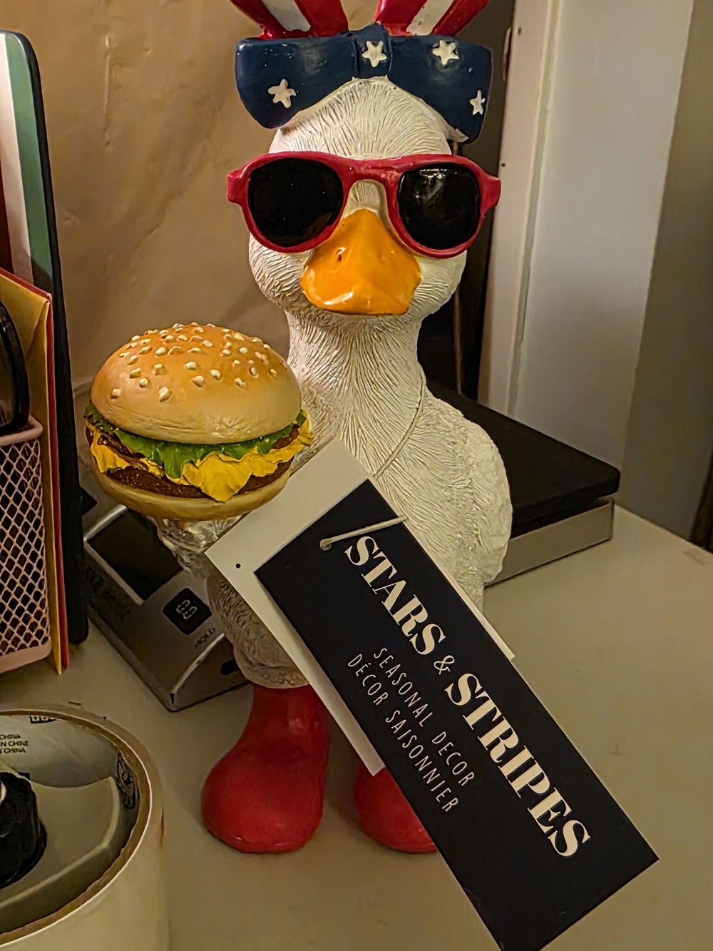 Patriotic Duck Figurine Holding Burger - Red, White & Blue